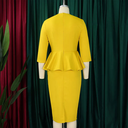 Elegant Office Dresses for Woman O Neck Full Sleeve Sheath Ruffles Package Hips Mid Calf Professional Business Work Dress Midi