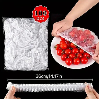 100-Pack Reusable Elastic Food Storage Covers Transparent Stretchable Plastic Bowl Plate Wrap Unscented Alternative to Foil