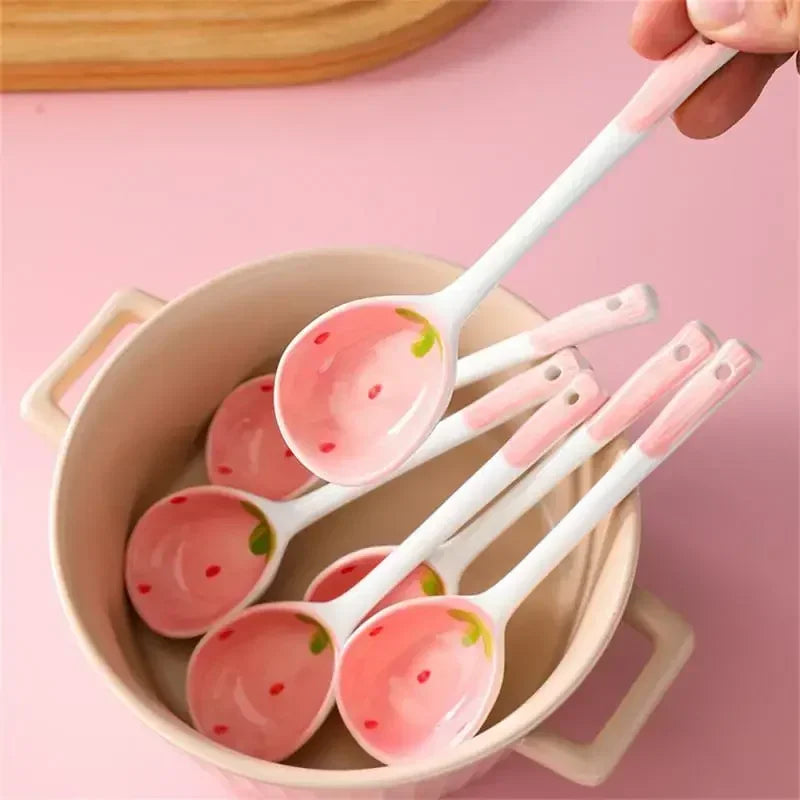 Strawberry Long Handled Ceramic Spoon Cute Household Stirring Spoon High Appearance Spoon Children's Soup Spoon