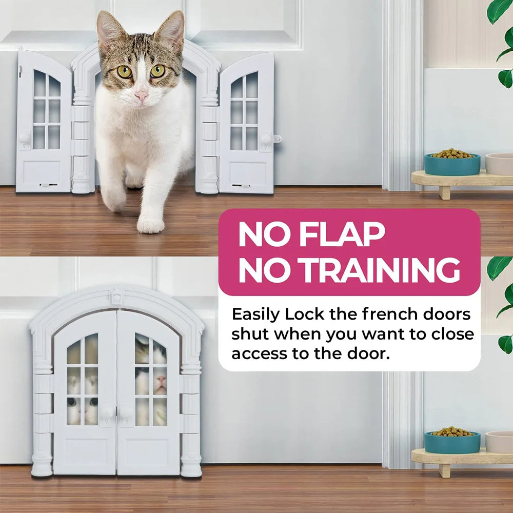 French Cat Door French Pet Free Entry and Exit Double Door ABS Cat Door Dog Door Hole with Door Curtain Cat Door
