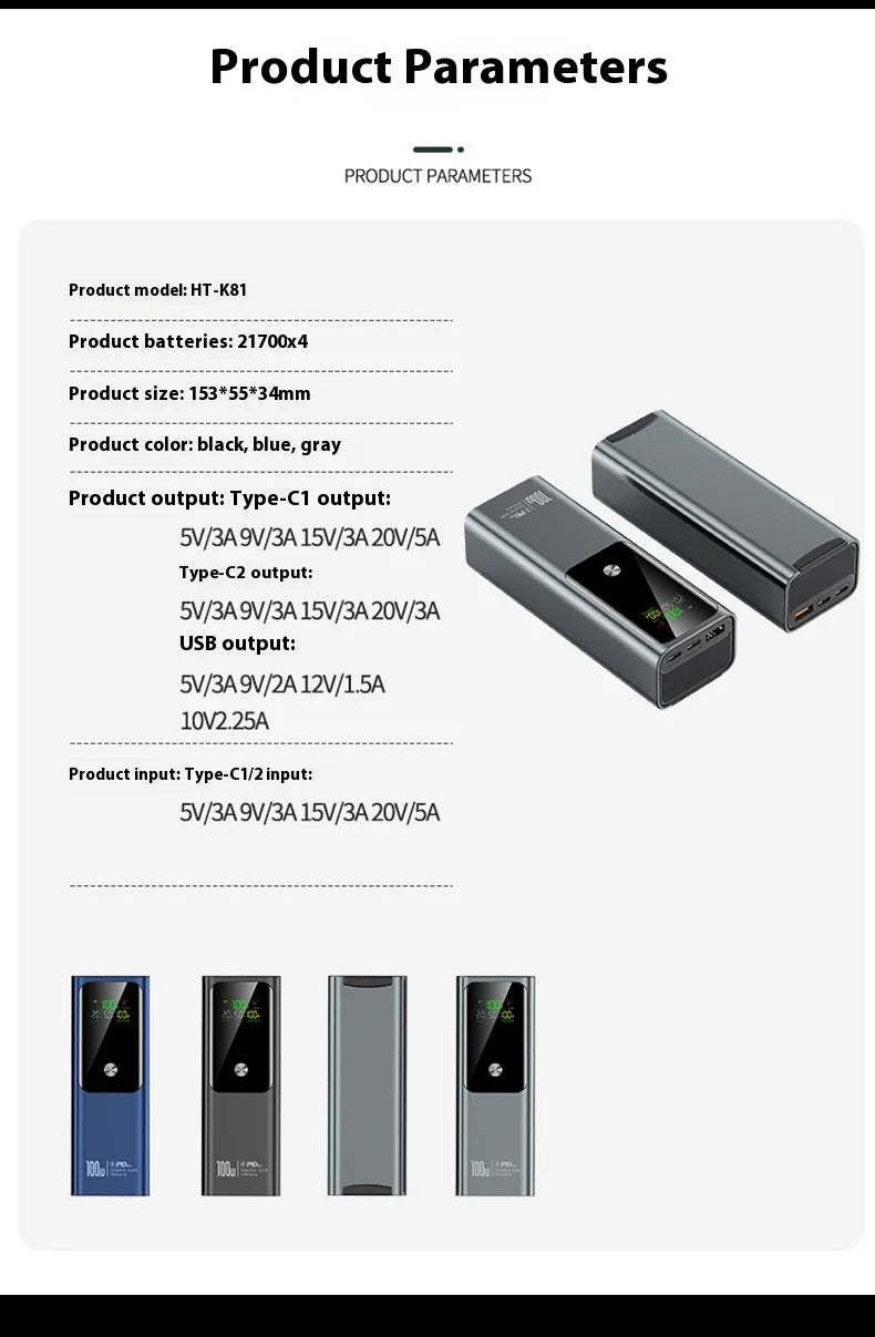 New PD100W Power Bank 30000mAh Large Capacity Two-way Fast Charging Portable Powerbank Laptop External Spare Battery for Macbook