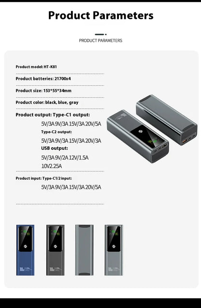 New PD100W Power Bank 30000mAh Large Capacity Two-way Fast Charging Portable Powerbank Laptop External Spare Battery for Macbook