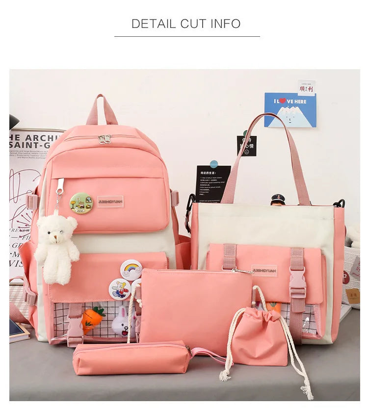 New Large-Capacity Primary School Junior High School Students Shoulders Backpack High School Five Sets of Multi-Compartment Fash