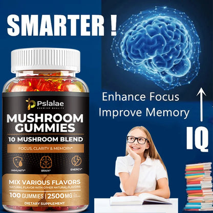 Mushroom Gummies - 10 Mushroom Blend, Nootropic Brain Booster for Focus, Memory, Clarity and Energy