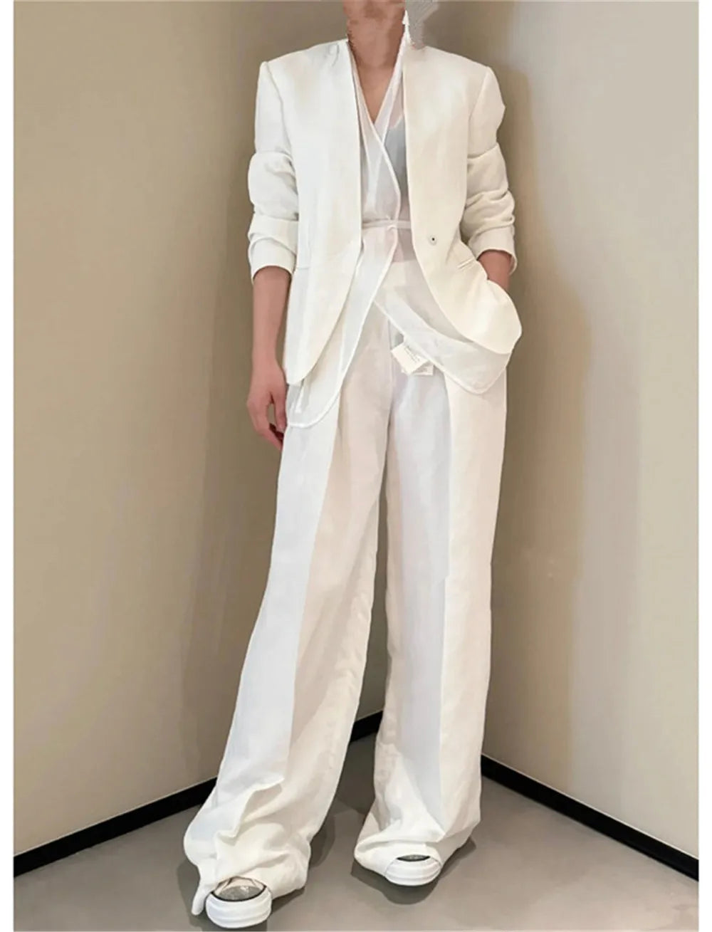 Women's Clothing 2 Piece Set White Suit Coat +High Waisted Wide Leg Pants Elegant  Suit Spring/Summer new