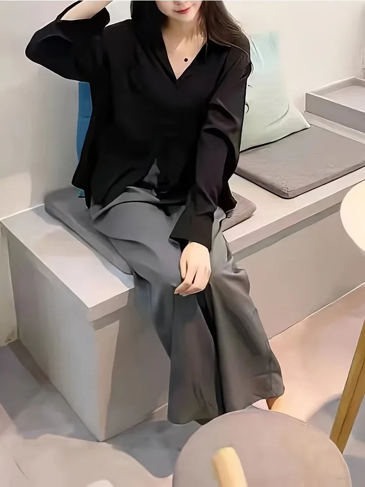 Fashion Casual Office Lady Silk Blouses Autumn Long Sleeve Button Up Shirt Women Elegant Winter Tops  Office Lady Acetate Blouse