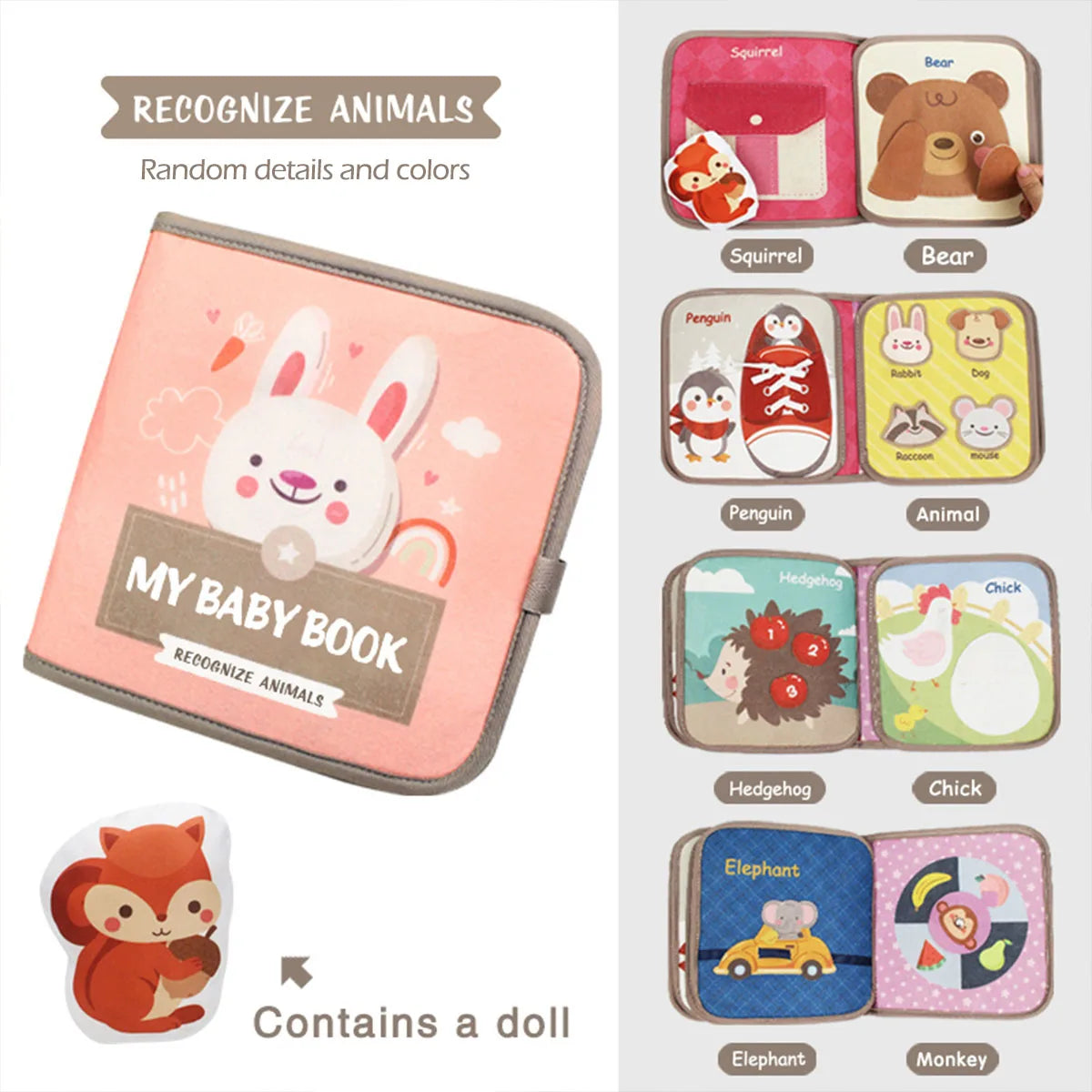 1pcs Montessori Busy Book Baby Early Education Book，Puzzle Toy, Animal Cognitive Fabric Book, Repeated Paste Book & Sensory toys