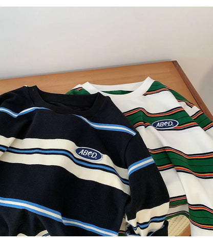 2025 Spring Autumn Kids Boys T-shirts Cotton Striped Loose Sticker Casual Long Sleeve Baby Girls Shirts Toddler Boys Tops