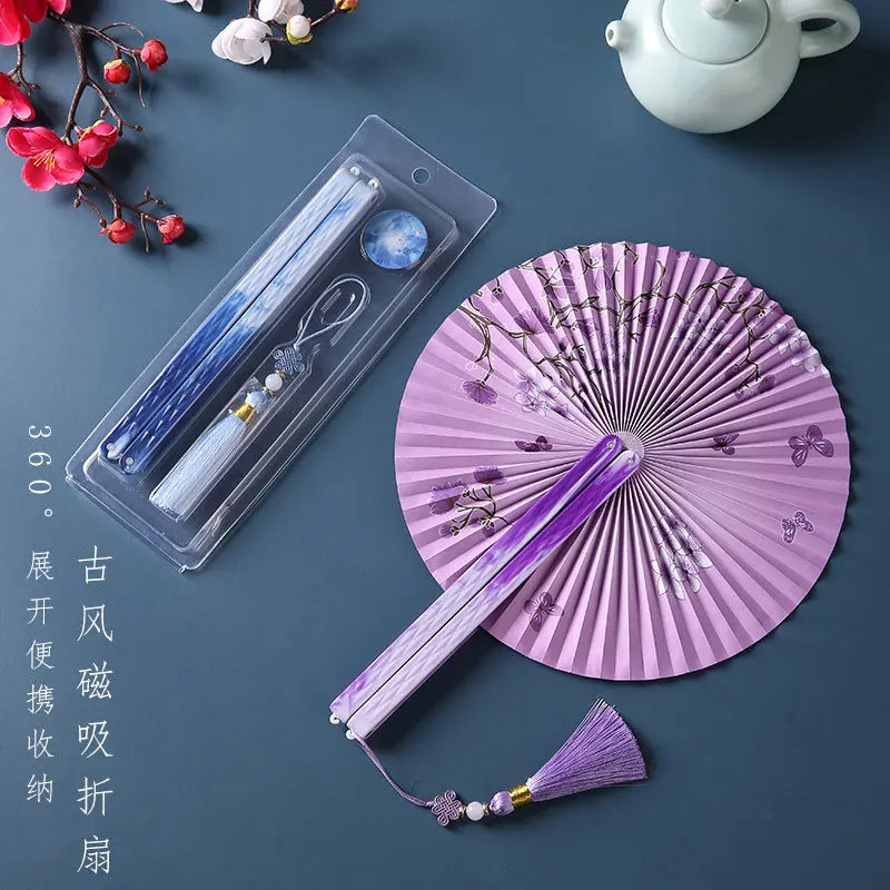 Magnetic Folding Round Fan Chinese Antique Style Dancer Hanfu Fan Student Gift Wedding Perform Dance Party Fan Photography Prop