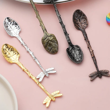 Retro Dessert Spoon Dragonfly Twig Decorative Stirring Spoon Alloy Leaf Spoon Lightweight Portable Coffee Tea Spoon Kitchen Tool