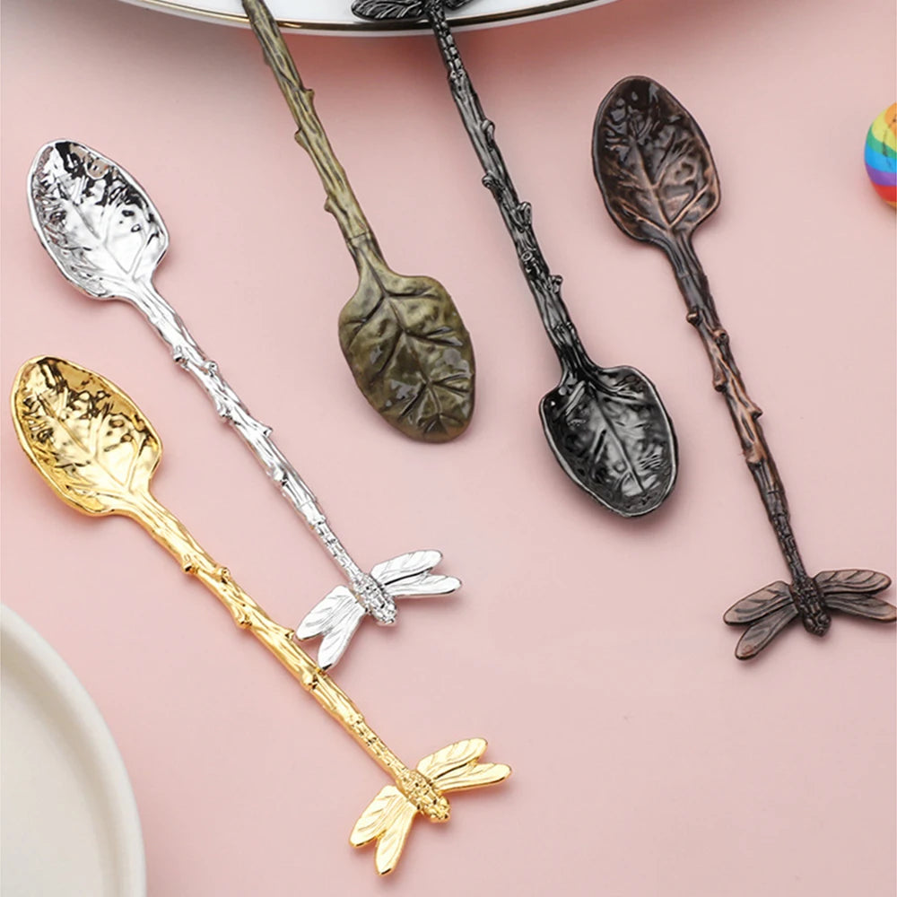 New Retro Coffee Spoon Dragonfly Twig Decorative Stirring Spoon Alloy Leaf Spoon Forest Style Portable Dessert Spoon Tea Spoon