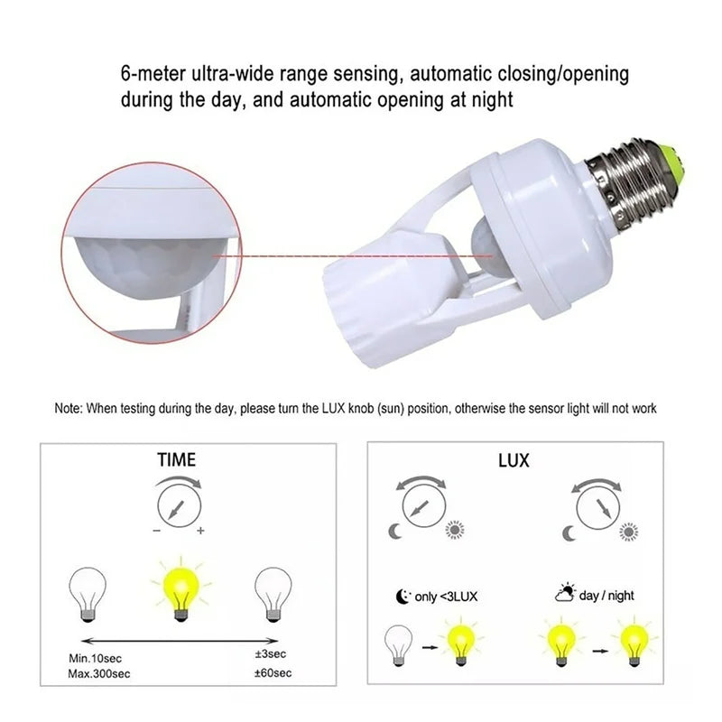 Smart Home PIR Motion Sensor Light Socket E27 LED Bulb Base Adapter with Light Control Smart Switch Residential Security