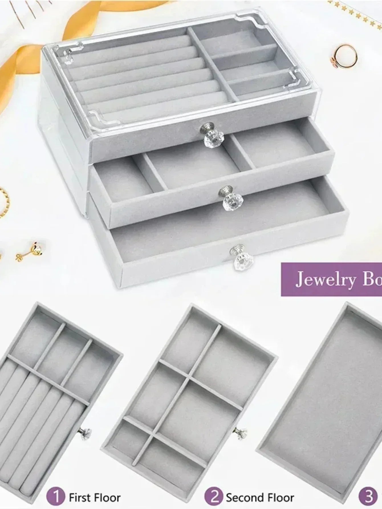 Organizer Box  Acrylic Velvet Jewelry Organizer with 3 Drawers Stackable Display Storage Earrings Necklace Bracelets Box Holder