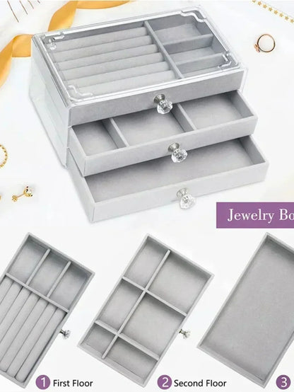 Organizer Box  Acrylic Velvet Jewelry Organizer with 3 Drawers Stackable Display Storage Earrings Necklace Bracelets Box Holder