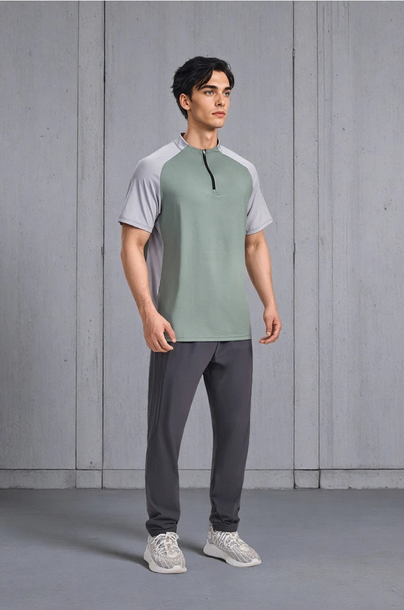 Sports T-shirt, men's half-zipper stand-up collar short-sleeved running top, summer sports training tennis clothes
