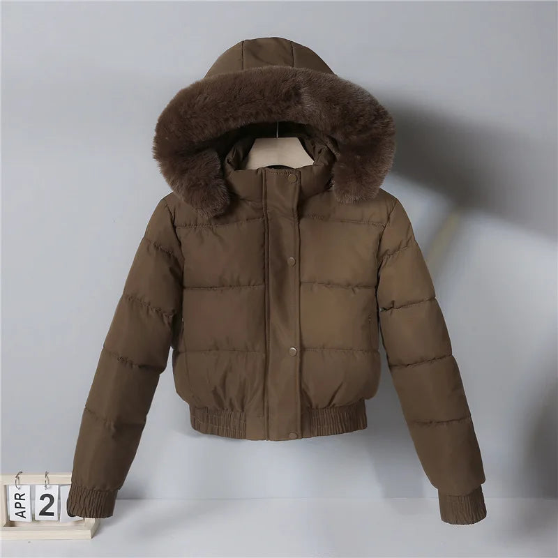 2024 Quilted Hooded Down Jacket Women's Winter Thick Cotton Coat Warm Bakery Coats Big Fur Collar Loose Cotton Coat