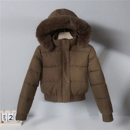 2024 Quilted Hooded Down Jacket Women's Winter Thick Cotton Coat Warm Bakery Coats Big Fur Collar Loose Cotton Coat
