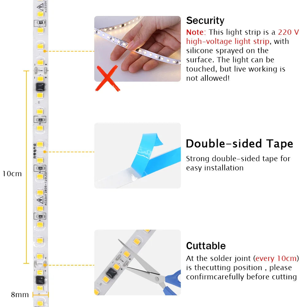 5m 10m 20m 50m LED Strip Light AC 220V 230V 240V IP55 2835 120 LEDs Flexible Ribbon Rope Lights Tape 9 Colors Home Decoration