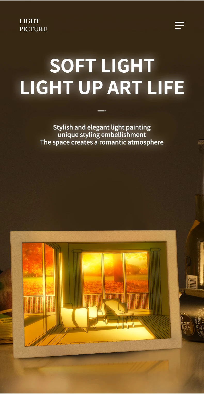 Beautiful LED Light Painting Indoor Sunlight Window Wooden Photo Light Dimming Wall Artwork Table Lamp Home Decor Night Lamp