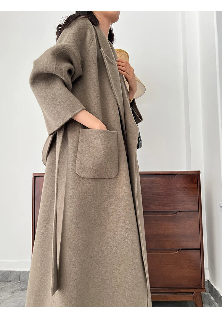 Office Lady Woolen Jackets 2024 Autumn And Winter Bathrobe Style Pocket Double-Sided Loose Lace -Up Tie Women's Long Wool Coats