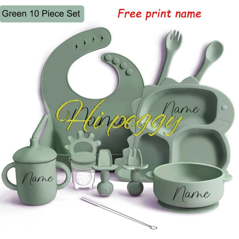Baby Silicone Tableware Dinosaur Plate Dishes For Kids Personalized Name Baby Feeding Sets Fruit Feeder Baby Led Weaning Supplie