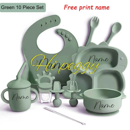 Baby Silicone Tableware Dinosaur Plate Dishes For Kids Personalized Name Baby Feeding Sets Fruit Feeder Baby Led Weaning Supplie