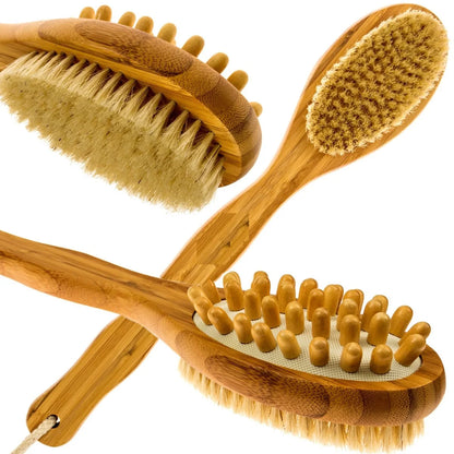 Bath Blossom Bamboo Body Brush for Back Scrubber Natural Bristles Shower Brush with Long Handle Dry Brushing