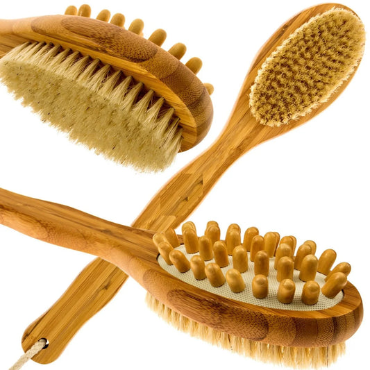 Bath Blossom Bamboo Body Brush for Back Scrubber Natural Bristles Shower Brush with Long Handle Dry Brushing