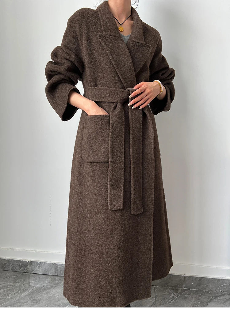 Office Lady Woolen Jackets 2024 Autumn And Winter Bathrobe Style Pocket Double-Sided Loose Lace -Up Tie Women's Long Wool Coats