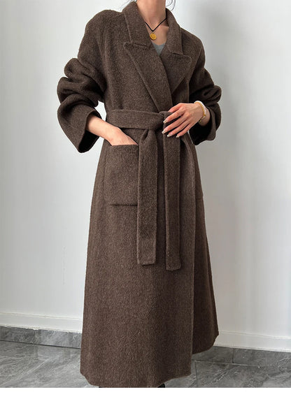 Office Lady Woolen Jackets 2024 Autumn And Winter Bathrobe Style Pocket Double-Sided Loose Lace -Up Tie Women's Long Wool Coats