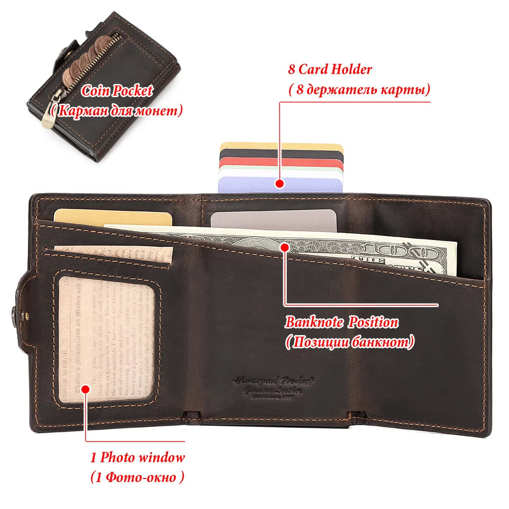Cowhide Leather Men's Wallet RFID Blocking Protect Cardholder Automatic Card Case for Women with Apple AirTag Holder