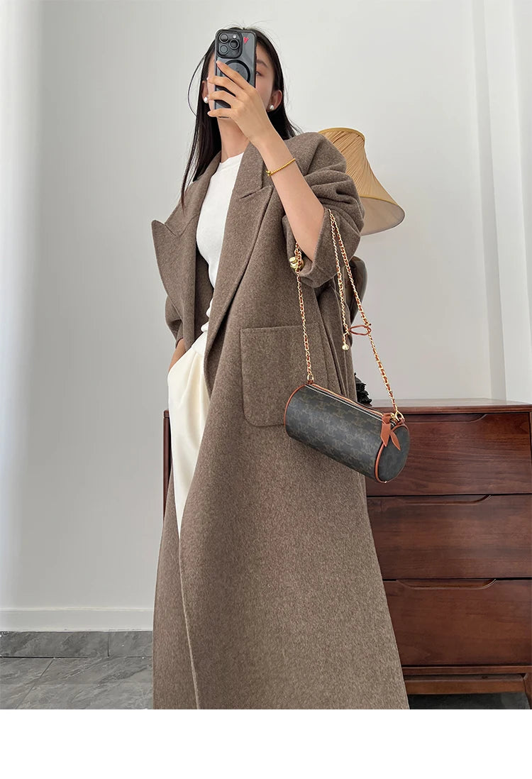 Office Lady Woolen Jackets 2024 Autumn And Winter Bathrobe Style Pocket Double-Sided Loose Lace -Up Tie Women's Long Wool Coats