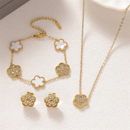 316L Stainless Steel 2025 New Fashion Fine Jewelry Set Zircon 5-Leaf Flowers Charm Chain Necklaces Bracelets Earrings For Women