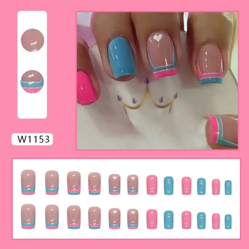 24pcs Short Square French Pink Cartoon Snail False Nails  Full Cover Detachable Nail Tips Press on Nails