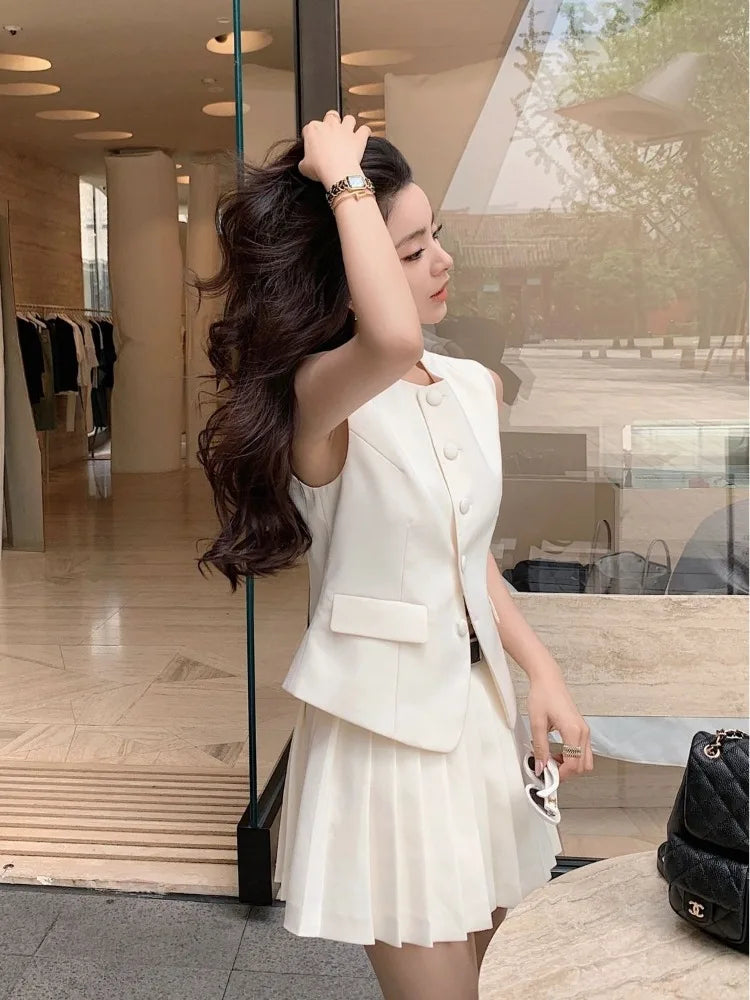 Womans Clothes for 2025 Two Piece Set Sleeveless Tunic Vest Coat High Waist Pleated Mini Skirts Outfits Chic Korean Summer Suit