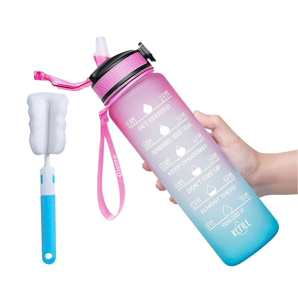 32 oz Drinking Water Bottle with Times to Drink and Straw, Motivational with Carrying Strap, Leakproof BPA & Toxic Free