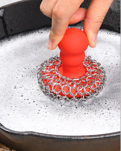 Chainmail Scrubber with Silicone Handle Cast Iron Cleaner for Cast Iron Grill Pan Skillet Wok Bakeware Cast Iron Scrubber