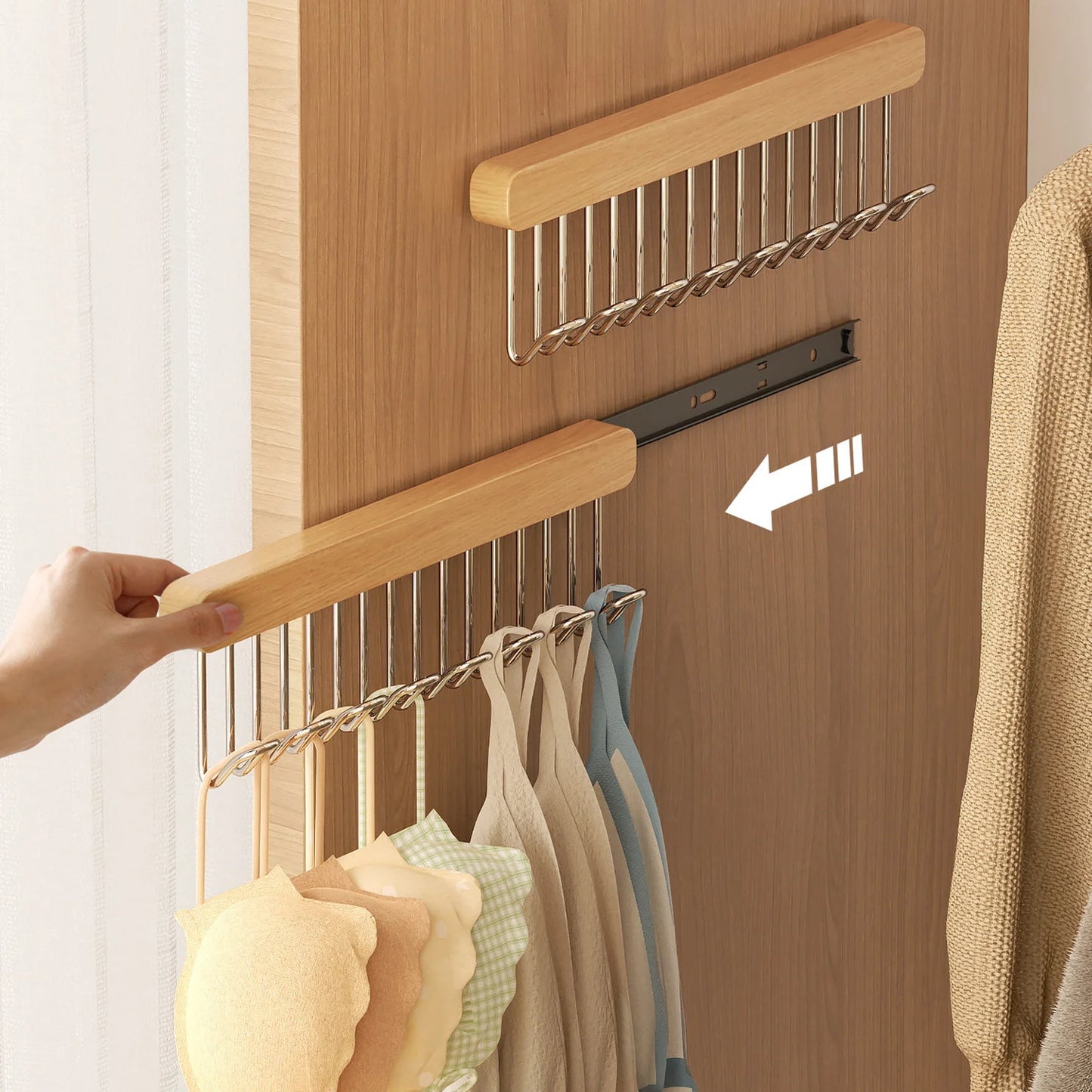 8/12 Hooks Retractable Wood Clothes Hanger Multi-functional Bra Storage Hanger Wall-mounted Wardrobe Hanger Clothes Organizer