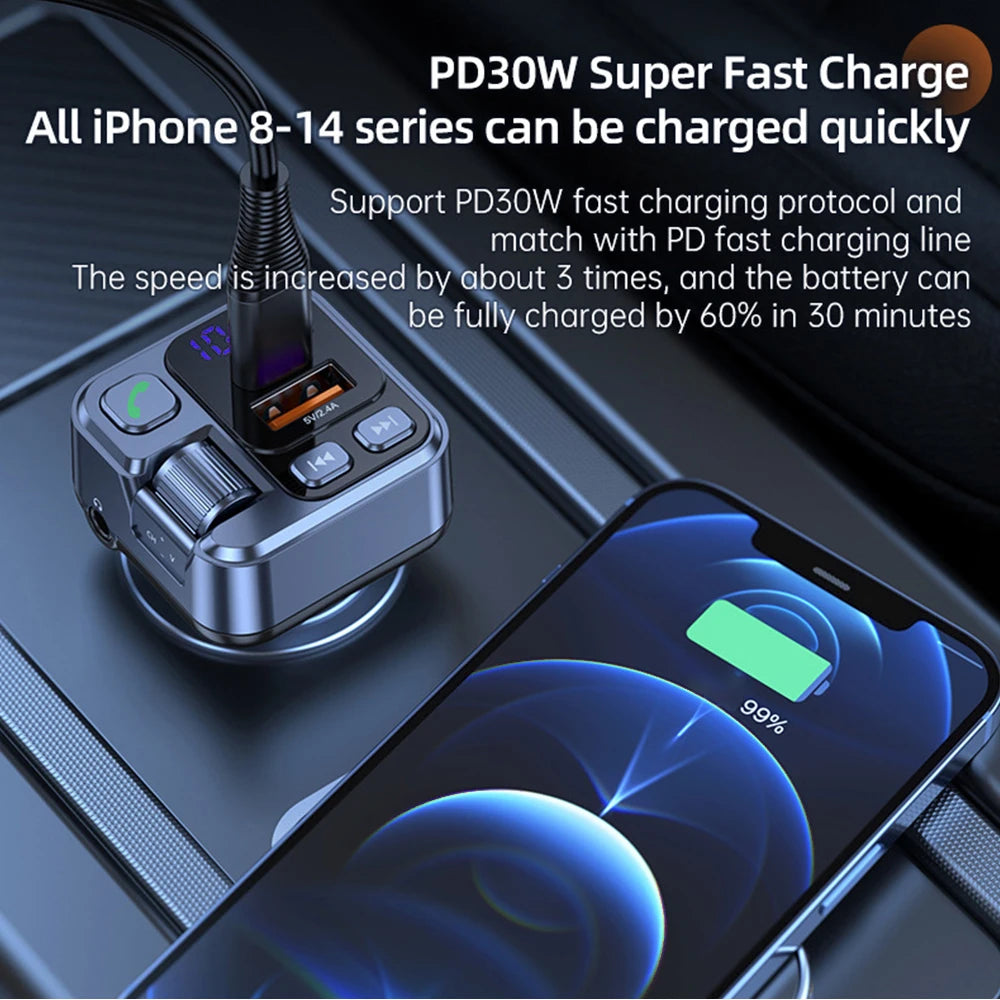 Bluetooth 5.1 Car FM Transmitter Car MP3 Stereo Music Player Handsfree 3.5mm Aux Wireless Car Kit 30W PD USB-C Fast Charger