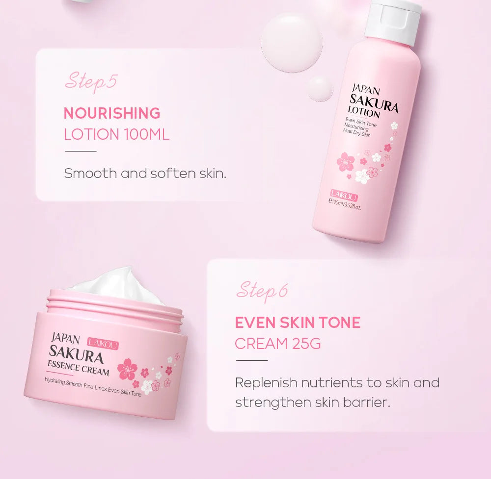 LAIKOU Sakura Skin Care Sets Facial Cleanser Eye Creams Face Cream Serum Lotion Toner Brightening Moisturizing Face Care Kit