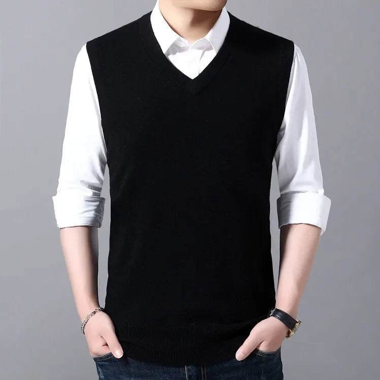 2025 New Men's Autumn High-end Sweater Vest V-neck Warm Knit Sleeveness Tank  Mens Clothes Pullover Tops