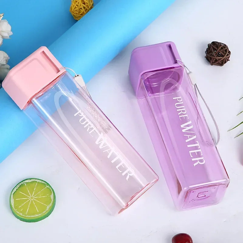 Portable Plastic Water Cup Square Bottle with Hand Strap Milk Cup Creative Frosted Portable Cup Student Sports Water Bottle