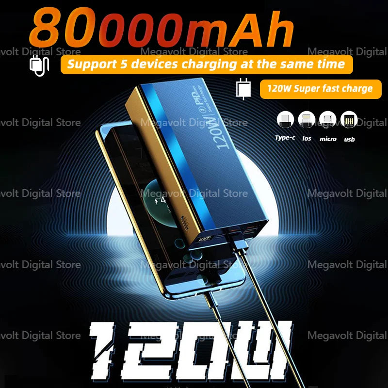80000mAh Large Capacity Portable Power Bank 120W Super Fast Charging Mobile Power Supports The Simultaneous Use Of 5 Devices