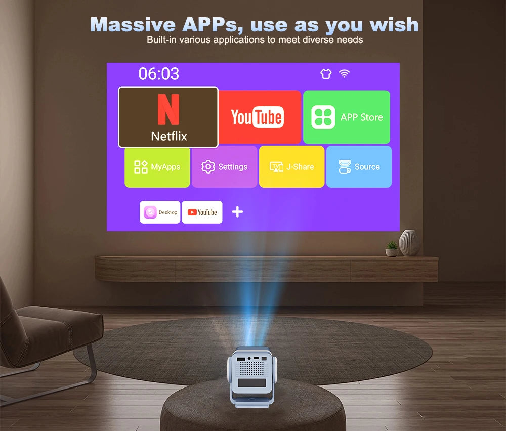 DESS Portable Dual-Band WiFi6 Bluetooth 5.0 Android 13 Smart Projector Suitable for Home Theater Video Power Bank Power Supply