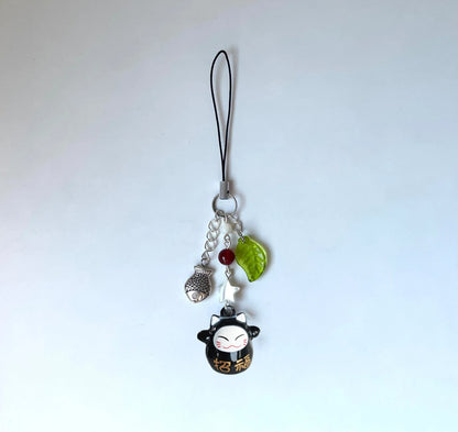 Handmade Black cat phone charm | phone strap | phone accessories | lucky small bell cat keychain