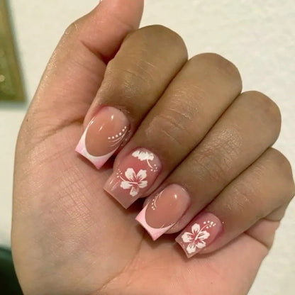 24Pcs Fairy White Flower Fake Nails Pink French Tip Press on Nails Short Square Wearable False Nail for Women Girls DIY Manicure