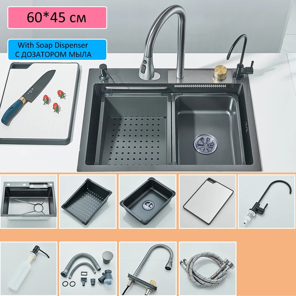 304 Stainless Steel Waterfall Kitchen Sink Large Single Slot Integrated Digital Display Faucet Set Soap Dispenser Cup Washer