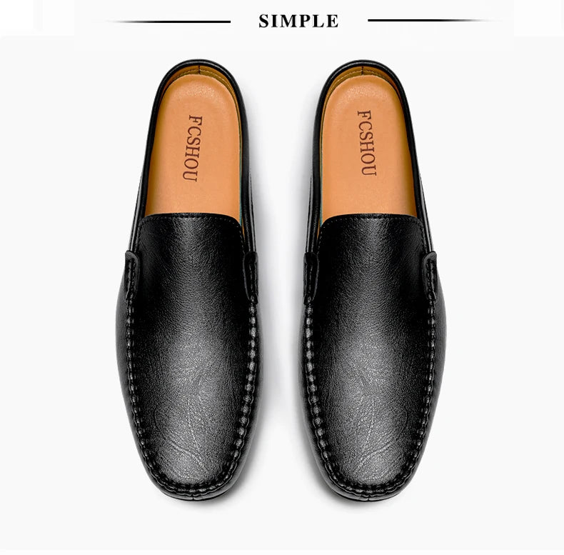 Closed Toe Half Shoes for Men Black Blue Mules Slippers Slip on Genuine Cowhide Leather Luxury Flat Sandals Man Summer 2025