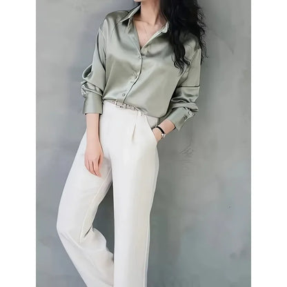 Fashion Casual Office Lady Silk Blouses Autumn Long Sleeve Button Up Shirt Women Elegant Winter Tops  Office Lady Acetate Blouse