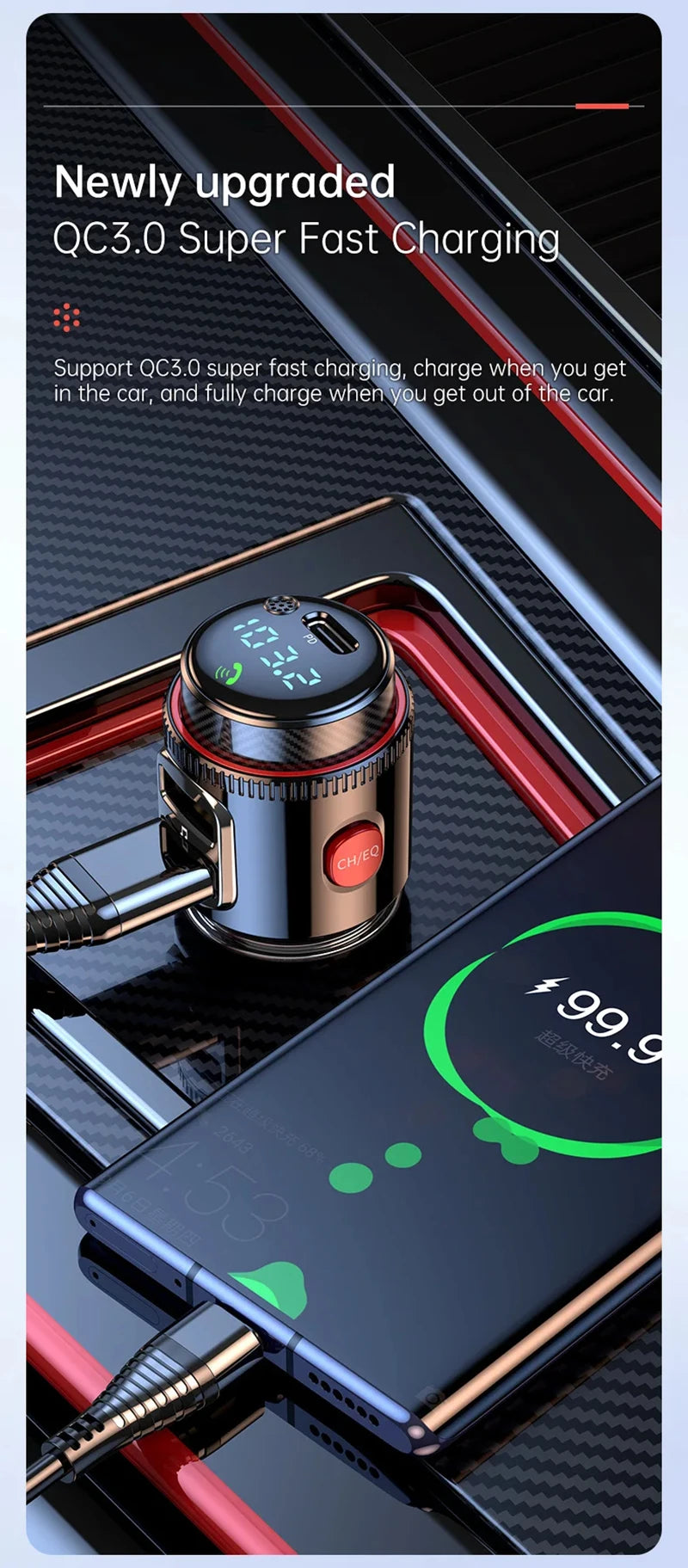 Xiaomi 2025 New PD30W+QC Bluetooth 5.4 Car MP3 Player FM Transmitter Wireless Handsfree U Disk Play USB Car Fast Charge Adapter